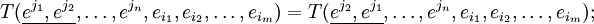 T(\underline{e^{j_1},e^{j_2}},\ldots,e^{j_n},e_{i_1},e_{i_2},\ldots,e_{i_m}) = T(\underline{e^{j_2},e^{j_1}},\ldots,e^{j_n},e_{i_1},e_{i_2},\ldots,e_{i_m});