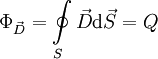 
\Phi_\vec{D}  = \oint\limits_S \vec{D} \mathrm{d} \vec{S} = Q 

