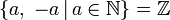 \{a,\;-a\,|\,a\in\mathbb N\}=\mathbb Z