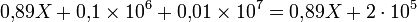0{,}89X+0{,}1\times 10^6 + 0{,}01\times 10^7=0{,}89X+2\cdot 10^5