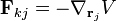 \mathbf{F}_{kj} = -\nabla_{\mathbf{r}_{j}} V