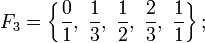 F_3=\left\{\frac{0}{1},\;\frac{1}{3},\;\frac{1}{2},\;\frac{2}{3},\;\frac{1}{1}\right\};