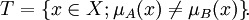T = \{x \in X;\mu_A(x) \neq \mu_B(x)\}\!.