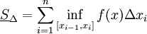 \underline{S}_{\Delta }=\sum\limits_{i=1}^{n}{\inf _{[x_{i-1},x_{i}]} f(x)\Delta x_{i}}